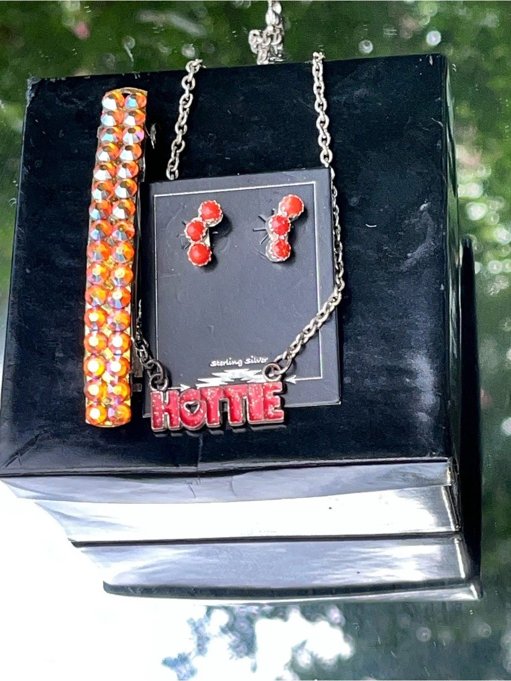 Hottie Red Bold Pendant Necklace with Matching Earrings and Fire Hairclip